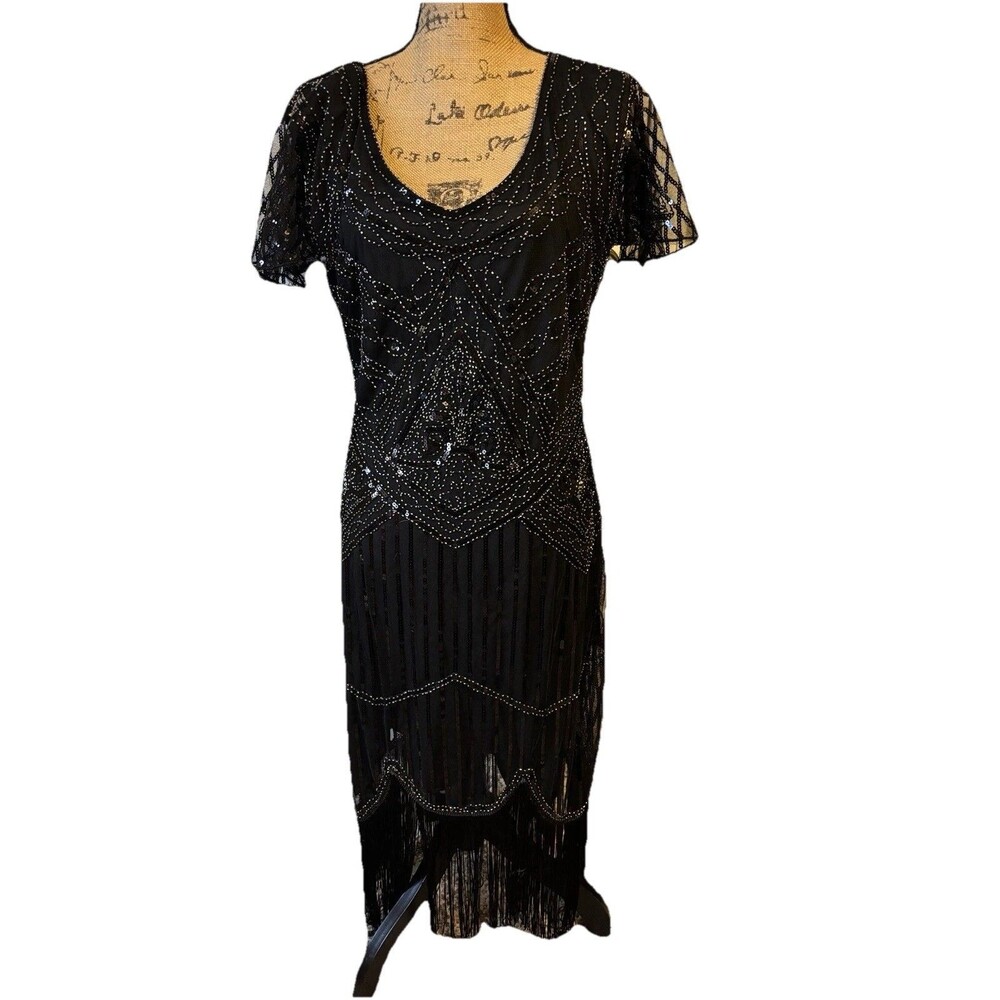 FunDaisy Women's Xl Black Sequin Fringe Flapper Dress